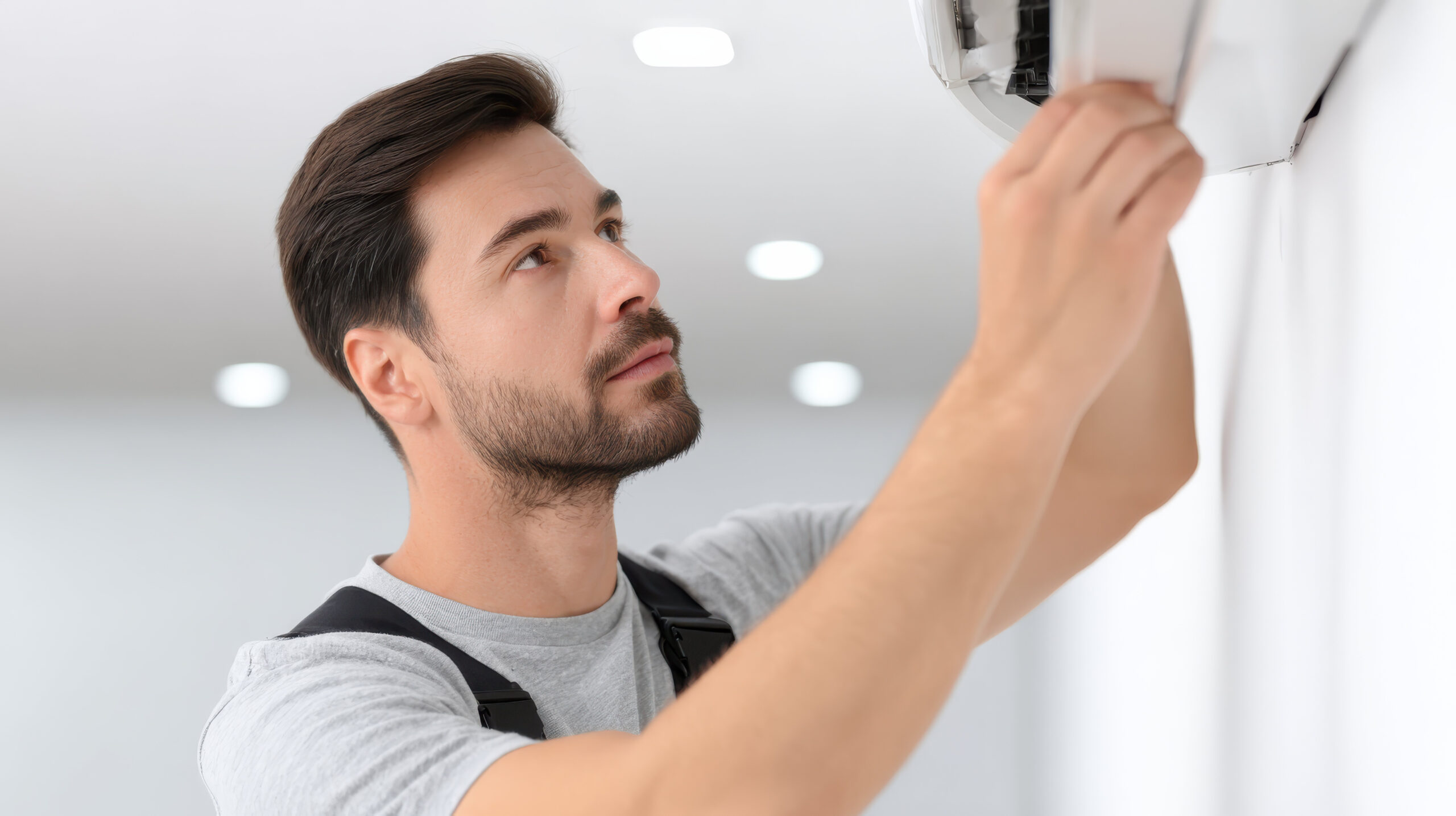 Professional focused technician provides air conditioner repair and maintenance service. man is installing cooling system unit on white wall indoors
